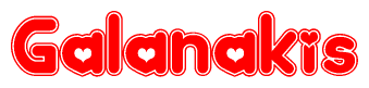The image is a clipart featuring the word Galanakis written in a stylized font with a heart shape replacing inserted into the center of each letter. The color scheme of the text and hearts is red with a light outline.