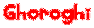 The image is a clipart featuring the word Ghoroghi written in a stylized font with a heart shape replacing inserted into the center of each letter. The color scheme of the text and hearts is red with a light outline.