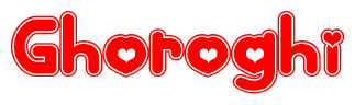   The image is a clipart featuring the word Ghoroghi written in a stylized font with a heart shape replacing inserted into the center of each letter. The color scheme of the text and hearts is red with a light outline. 