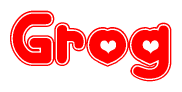 The image is a clipart featuring the word Grog written in a stylized font with a heart shape replacing inserted into the center of each letter. The color scheme of the text and hearts is red with a light outline.