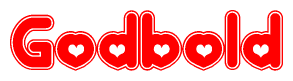 The image is a clipart featuring the word Godbold written in a stylized font with a heart shape replacing inserted into the center of each letter. The color scheme of the text and hearts is red with a light outline.