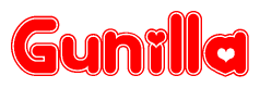 The image displays the word Gunilla written in a stylized red font with hearts inside the letters.