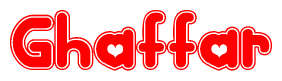 The image is a red and white graphic with the word Ghaffar written in a decorative script. Each letter in  is contained within its own outlined bubble-like shape. Inside each letter, there is a white heart symbol.