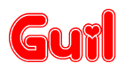 The image is a red and white graphic with the word Guil written in a decorative script. Each letter in  is contained within its own outlined bubble-like shape. Inside each letter, there is a white heart symbol.
