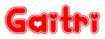 The image is a red and white graphic with the word Gaitri written in a decorative script. Each letter in  is contained within its own outlined bubble-like shape. Inside each letter, there is a white heart symbol.
