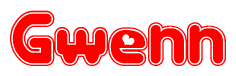 The image is a red and white graphic with the word Gwenn written in a decorative script. Each letter in  is contained within its own outlined bubble-like shape. Inside each letter, there is a white heart symbol.
