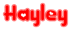 The image is a red and white graphic with the word Hayley written in a decorative script. Each letter in  is contained within its own outlined bubble-like shape. Inside each letter, there is a white heart symbol.