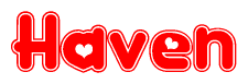The image is a clipart featuring the word Haven written in a stylized font with a heart shape replacing inserted into the center of each letter. The color scheme of the text and hearts is red with a light outline.