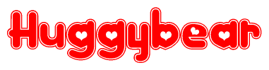 The image is a red and white graphic with the word Huggybear written in a decorative script. Each letter in  is contained within its own outlined bubble-like shape. Inside each letter, there is a white heart symbol.