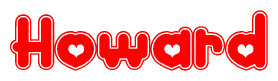 The image is a red and white graphic with the word Howard written in a decorative script. Each letter in  is contained within its own outlined bubble-like shape. Inside each letter, there is a white heart symbol.