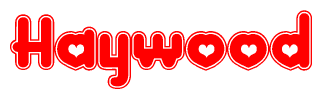   The image is a clipart featuring the word Haywood written in a stylized font with a heart shape replacing inserted into the center of each letter. The color scheme of the text and hearts is red with a light outline. 