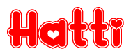The image is a red and white graphic with the word Hatti written in a decorative script. Each letter in  is contained within its own outlined bubble-like shape. Inside each letter, there is a white heart symbol.