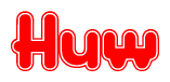 The image is a clipart featuring the word Huw written in a stylized font with a heart shape replacing inserted into the center of each letter. The color scheme of the text and hearts is red with a light outline.