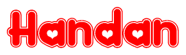 The image is a clipart featuring the word Handan written in a stylized font with a heart shape replacing inserted into the center of each letter. The color scheme of the text and hearts is red with a light outline.