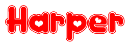 The image is a red and white graphic with the word Harper written in a decorative script. Each letter in  is contained within its own outlined bubble-like shape. Inside each letter, there is a white heart symbol.
