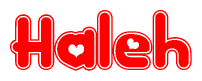 The image is a red and white graphic with the word Haleh written in a decorative script. Each letter in  is contained within its own outlined bubble-like shape. Inside each letter, there is a white heart symbol.