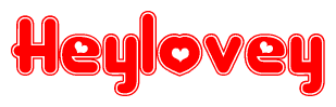 The image is a red and white graphic with the word Heylovey written in a decorative script. Each letter in  is contained within its own outlined bubble-like shape. Inside each letter, there is a white heart symbol.
