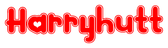 The image is a red and white graphic with the word Harryhutt written in a decorative script. Each letter in  is contained within its own outlined bubble-like shape. Inside each letter, there is a white heart symbol.