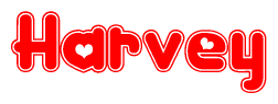 The image displays the word Harvey written in a stylized red font with hearts inside the letters.