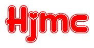 The image is a red and white graphic with the word Hjmc written in a decorative script. Each letter in  is contained within its own outlined bubble-like shape. Inside each letter, there is a white heart symbol.