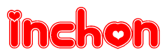 The image is a clipart featuring the word Inchon written in a stylized font with a heart shape replacing inserted into the center of each letter. The color scheme of the text and hearts is red with a light outline.