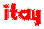The image is a red and white graphic with the word Itay written in a decorative script. Each letter in  is contained within its own outlined bubble-like shape. Inside each letter, there is a white heart symbol.