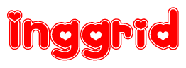 The image is a red and white graphic with the word Inggrid written in a decorative script. Each letter in  is contained within its own outlined bubble-like shape. Inside each letter, there is a white heart symbol.