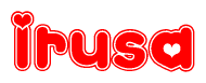 The image is a clipart featuring the word Irusa written in a stylized font with a heart shape replacing inserted into the center of each letter. The color scheme of the text and hearts is red with a light outline.
