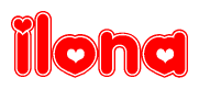 The image is a red and white graphic with the word Ilona written in a decorative script. Each letter in  is contained within its own outlined bubble-like shape. Inside each letter, there is a white heart symbol.