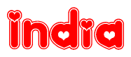 The image is a red and white graphic with the word India written in a decorative script. Each letter in  is contained within its own outlined bubble-like shape. Inside each letter, there is a white heart symbol.