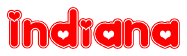 The image is a clipart featuring the word Indiana written in a stylized font with a heart shape replacing inserted into the center of each letter. The color scheme of the text and hearts is red with a light outline.
