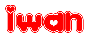 The image is a red and white graphic with the word Iwan written in a decorative script. Each letter in  is contained within its own outlined bubble-like shape. Inside each letter, there is a white heart symbol.