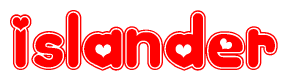 The image is a clipart featuring the word Islander written in a stylized font with a heart shape replacing inserted into the center of each letter. The color scheme of the text and hearts is red with a light outline.