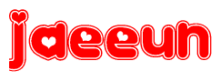 The image is a red and white graphic with the word Jaeeun written in a decorative script. Each letter in  is contained within its own outlined bubble-like shape. Inside each letter, there is a white heart symbol.