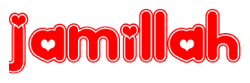 The image is a clipart featuring the word Jamillah written in a stylized font with a heart shape replacing inserted into the center of each letter. The color scheme of the text and hearts is red with a light outline.