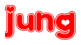 The image is a clipart featuring the word Jung written in a stylized font with a heart shape replacing inserted into the center of each letter. The color scheme of the text and hearts is red with a light outline.