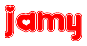 The image is a red and white graphic with the word Jamy written in a decorative script. Each letter in  is contained within its own outlined bubble-like shape. Inside each letter, there is a white heart symbol.