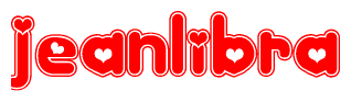 The image is a red and white graphic with the word Jeanlibra written in a decorative script. Each letter in  is contained within its own outlined bubble-like shape. Inside each letter, there is a white heart symbol.