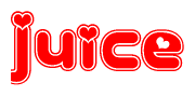 The image is a red and white graphic with the word Juice written in a decorative script. Each letter in  is contained within its own outlined bubble-like shape. Inside each letter, there is a white heart symbol.