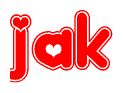 The image is a clipart featuring the word Jak written in a stylized font with a heart shape replacing inserted into the center of each letter. The color scheme of the text and hearts is red with a light outline.