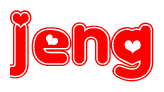 The image is a red and white graphic with the word Jeng written in a decorative script. Each letter in  is contained within its own outlined bubble-like shape. Inside each letter, there is a white heart symbol.