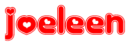 The image is a red and white graphic with the word Joeleen written in a decorative script. Each letter in  is contained within its own outlined bubble-like shape. Inside each letter, there is a white heart symbol.