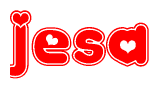 The image is a red and white graphic with the word Jesa written in a decorative script. Each letter in  is contained within its own outlined bubble-like shape. Inside each letter, there is a white heart symbol.