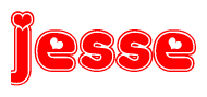 The image is a red and white graphic with the word Jesse written in a decorative script. Each letter in  is contained within its own outlined bubble-like shape. Inside each letter, there is a white heart symbol.