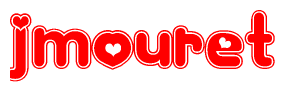 The image is a red and white graphic with the word Jmouret written in a decorative script. Each letter in  is contained within its own outlined bubble-like shape. Inside each letter, there is a white heart symbol.