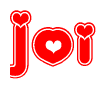 The image is a red and white graphic with the word Joi written in a decorative script. Each letter in  is contained within its own outlined bubble-like shape. Inside each letter, there is a white heart symbol.