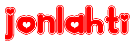 The image is a clipart featuring the word Jonlahti written in a stylized font with a heart shape replacing inserted into the center of each letter. The color scheme of the text and hearts is red with a light outline.