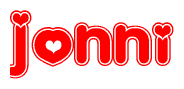 The image is a red and white graphic with the word Jonni written in a decorative script. Each letter in  is contained within its own outlined bubble-like shape. Inside each letter, there is a white heart symbol.