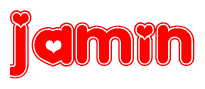 The image is a red and white graphic with the word Jamin written in a decorative script. Each letter in  is contained within its own outlined bubble-like shape. Inside each letter, there is a white heart symbol.