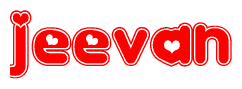 The image is a clipart featuring the word Jeevan written in a stylized font with a heart shape replacing inserted into the center of each letter. The color scheme of the text and hearts is red with a light outline.